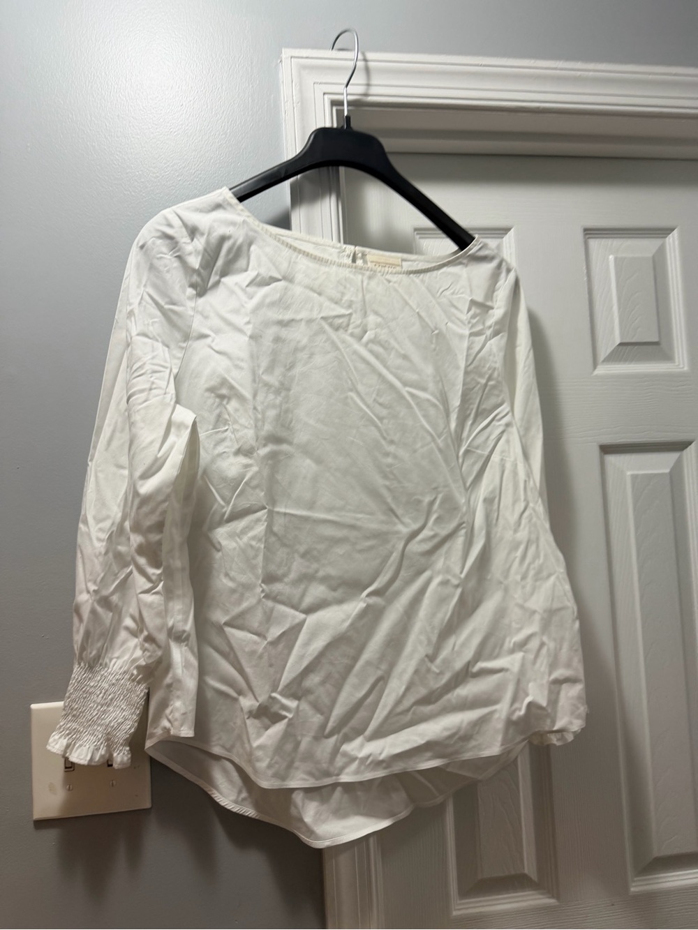 Chico's White Boatneck Blouse with Smocked Cuffs